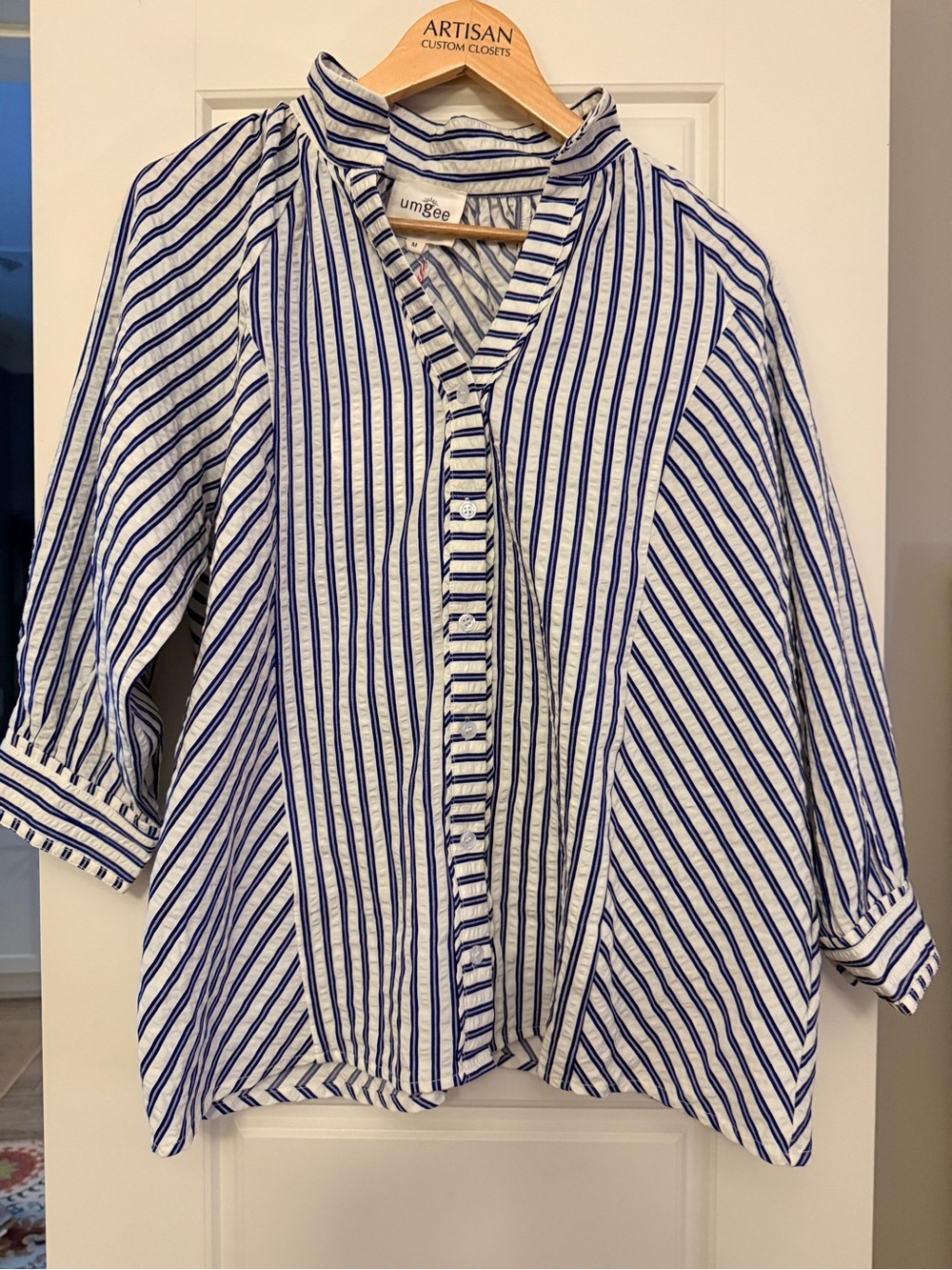 Umgee Blue and White Striped V-Neck Button Front Blouse
